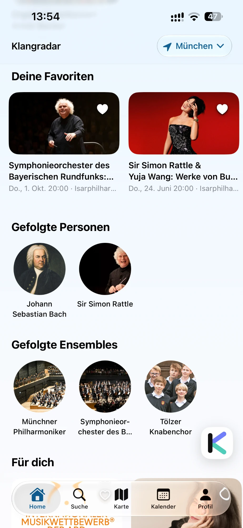 Deine Favoriten mit Sir Simon Rattle und Yuja Wang, gefolgte Personen Bach und Rattle, gefolgte Ensembles Münchner Philharmoniker, BR-Symphonieorchester und Tölzer Knabenchor